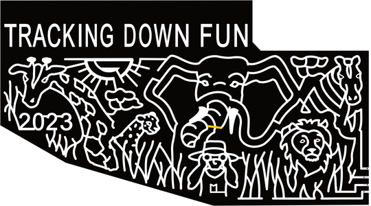 23_NY_Bainbridge Tracking Down Fun, 2023, Safari Animals, Giraffe, Elephant, Zebra, Lion, Guide, Cheetah, Grass, Sun, Cloud