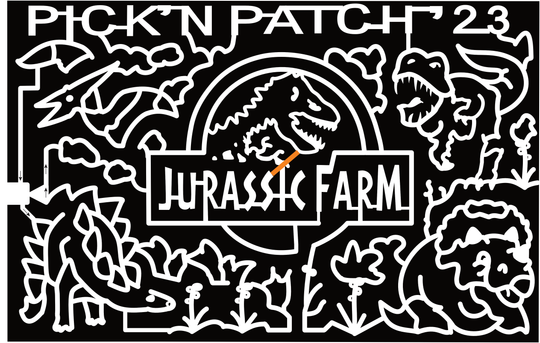 23_NY_Stanley Pick'n Patch '23, Jurassic Farm, Logo, T-Rex, Pterodactyl, Stegosaurus, Triceratops, Flower, Skeleton,